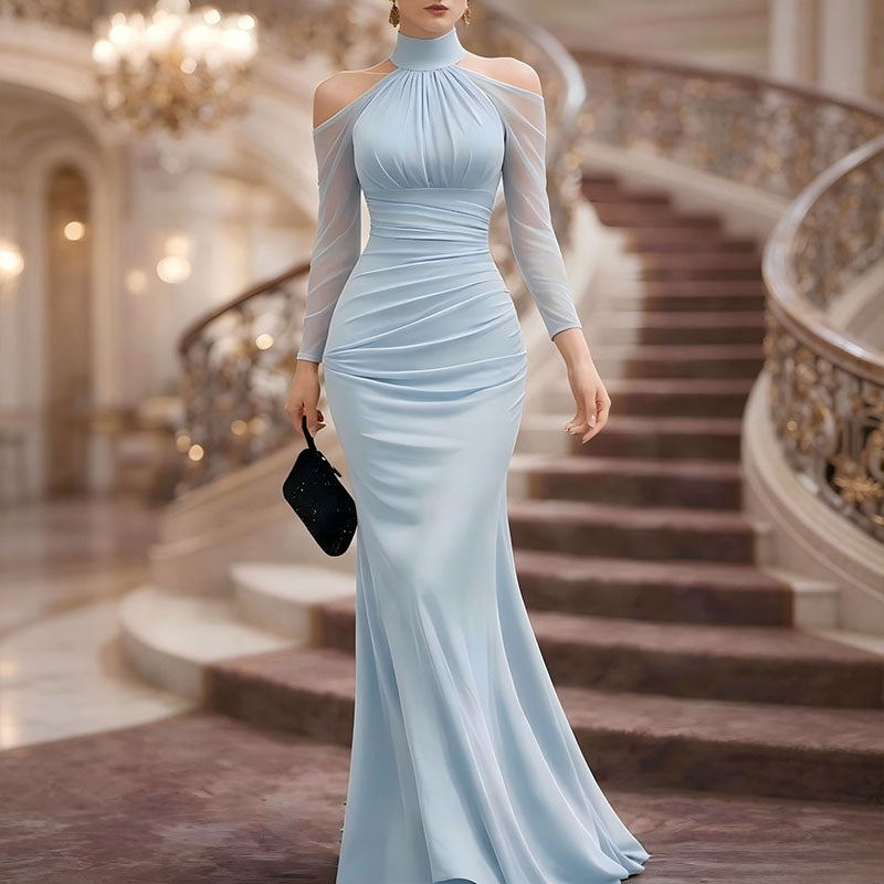 Halter-neck off-shoulder long-sleeve dress