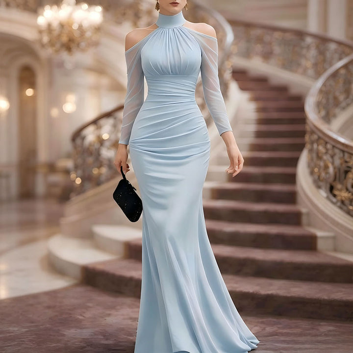Halter-neck off-shoulder long-sleeve dress