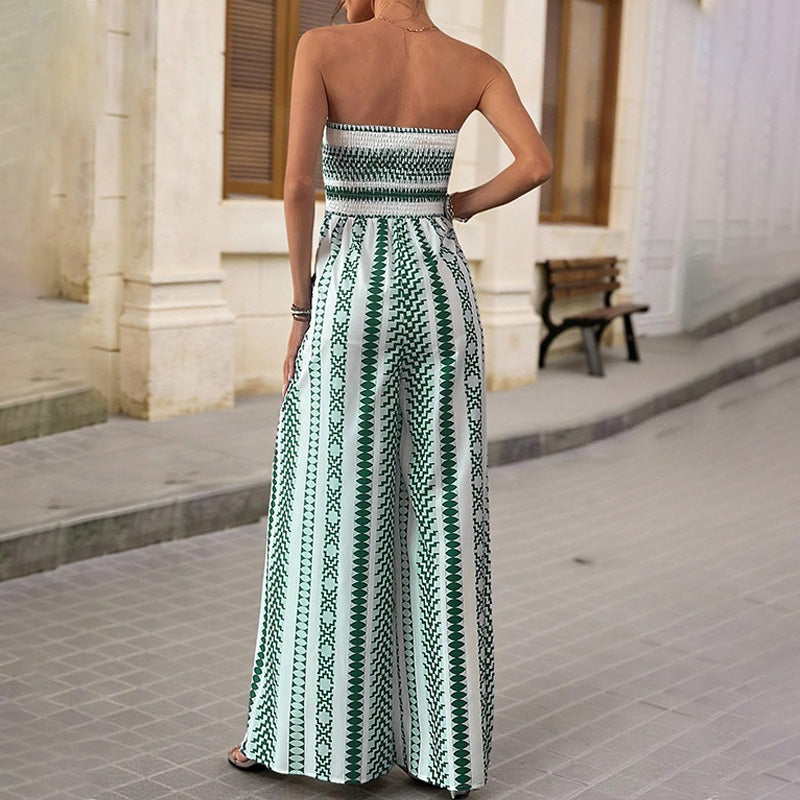 Waist-tie printed jumpsuit with side slits