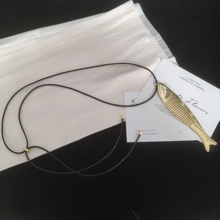 gold-plated Fish Comb Pendant Necklace, Adjustable Long Black Cord Necklace