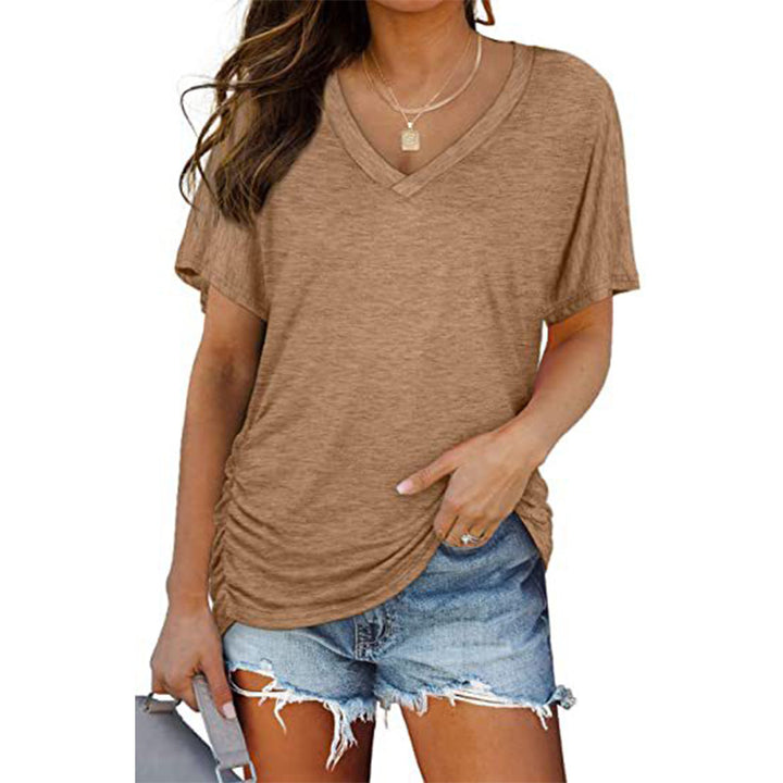 V-neck solid color batwing sleeve ruched short sleeve
