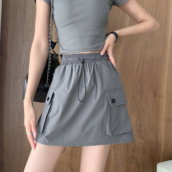 High-waisted drawstring A-line cargo skirt