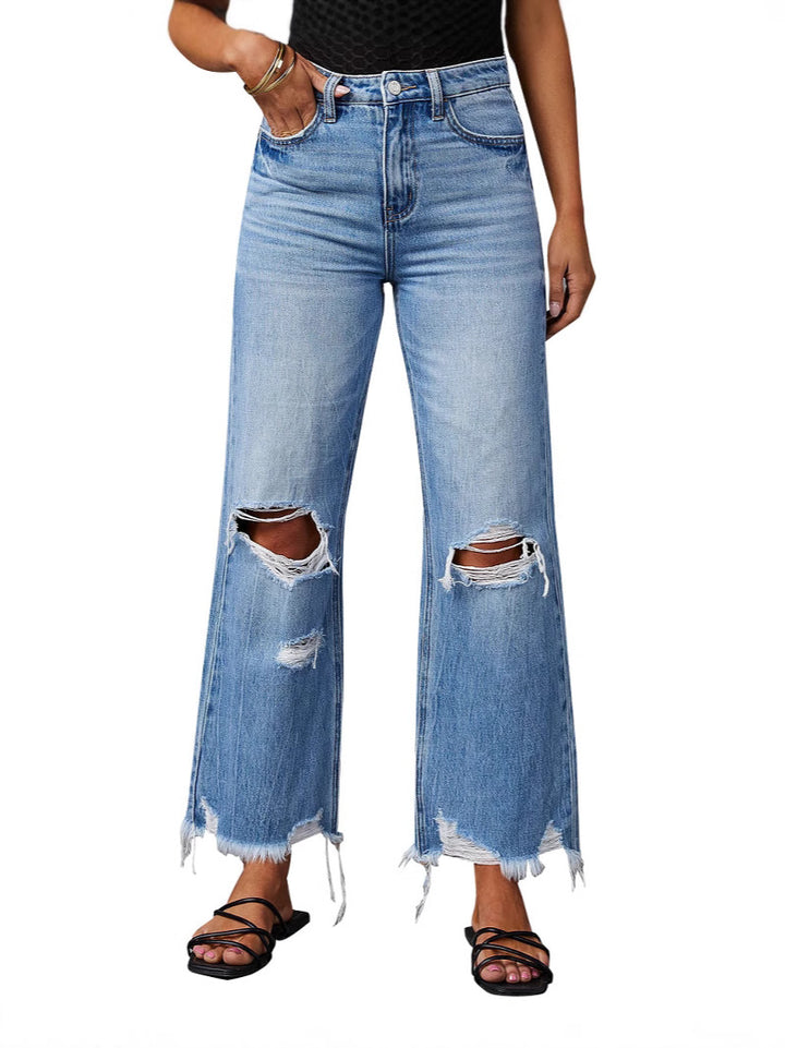 High Waist Distressed Raw Hem Flare Jeans