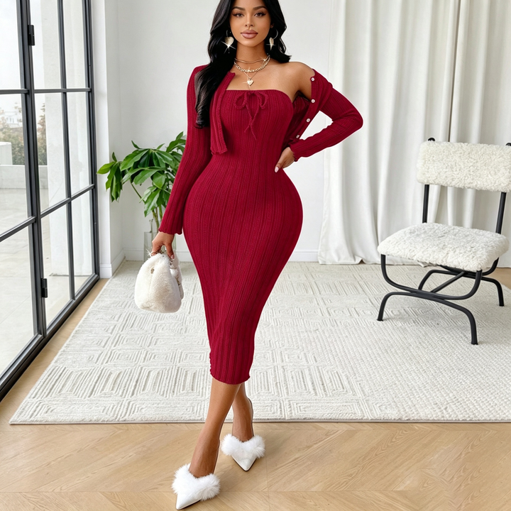 Ribbed textured elegant strapless dress set