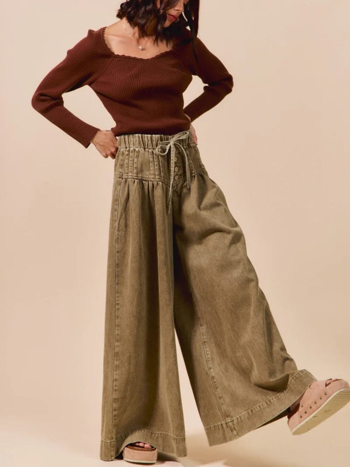 High-Waisted Denim Wide Leg Pants with Corset Waist