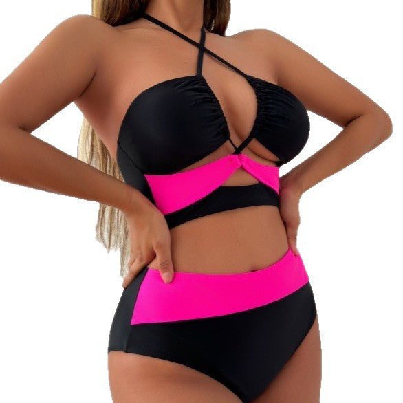 Black &amp;amp; Hot Pink Color-Block Cutout Bikini Set