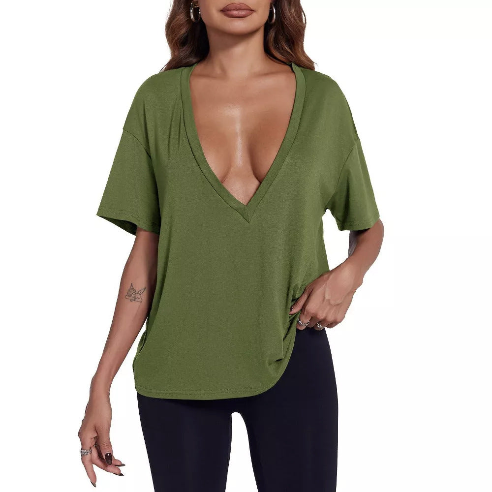Dusty Pink Deep V-Neck Oversized Casual Tee