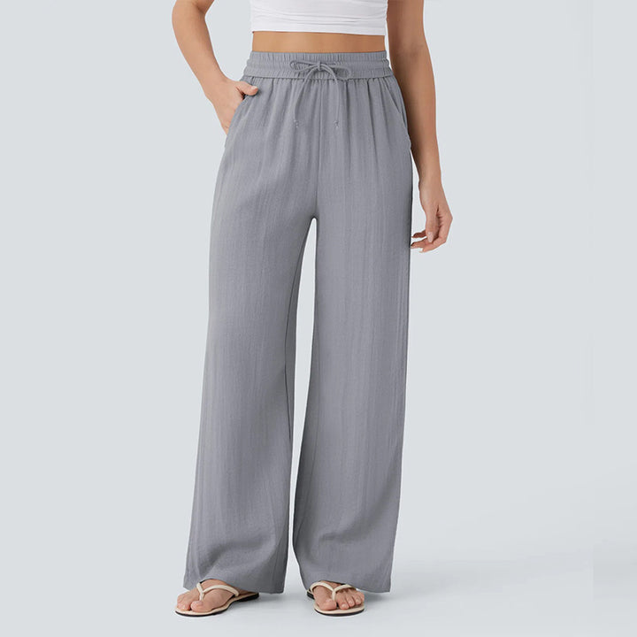Casual linen high-waisted drawstring wide-leg pants