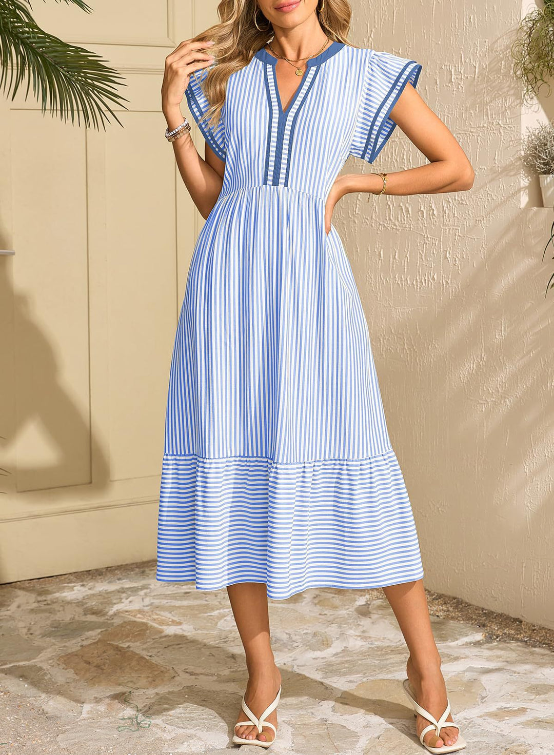 Striped Flutter Sleeve Tiered Midi Dress, Casual V-Neck Summer Dress with Pockets