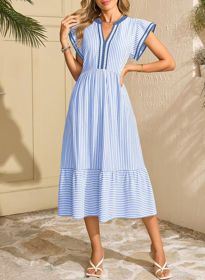 Striped Flutter Sleeve Tiered Midi Dress, Casual V-Neck Summer Dress with Pockets