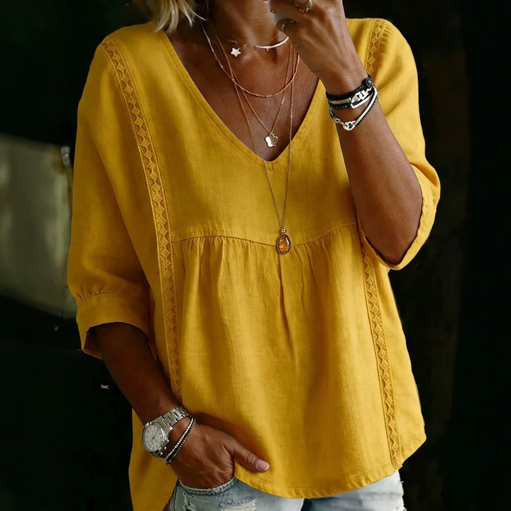 V Neck Lace Trim 3/4 Sleeve Tunic Blouse