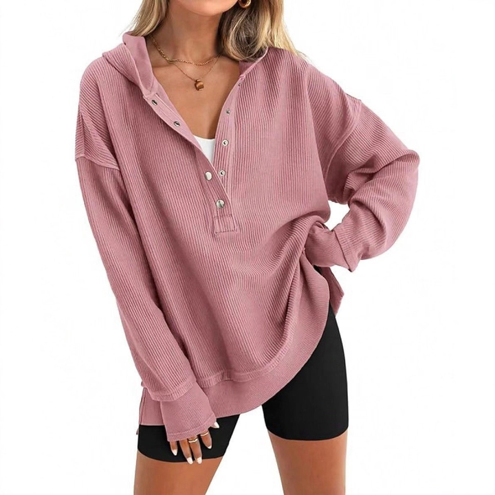 Drop Shoulder Loose Fit Henley Waffle Hoodie Top