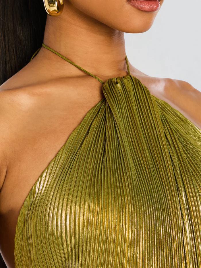 Metallic Olive Green Halter Neck Pleated Gown with High Slit