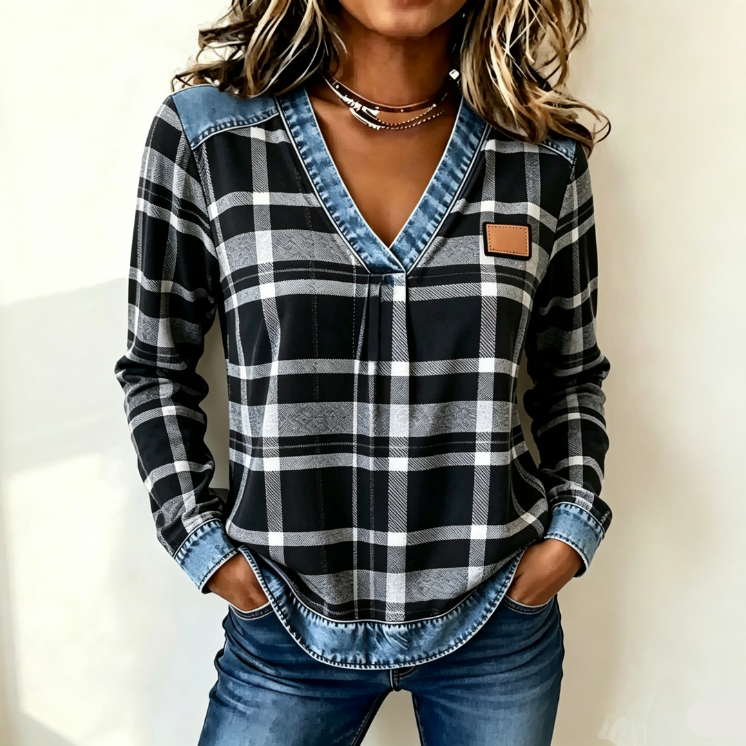 Denim Trim Plaid Print V Neck Top