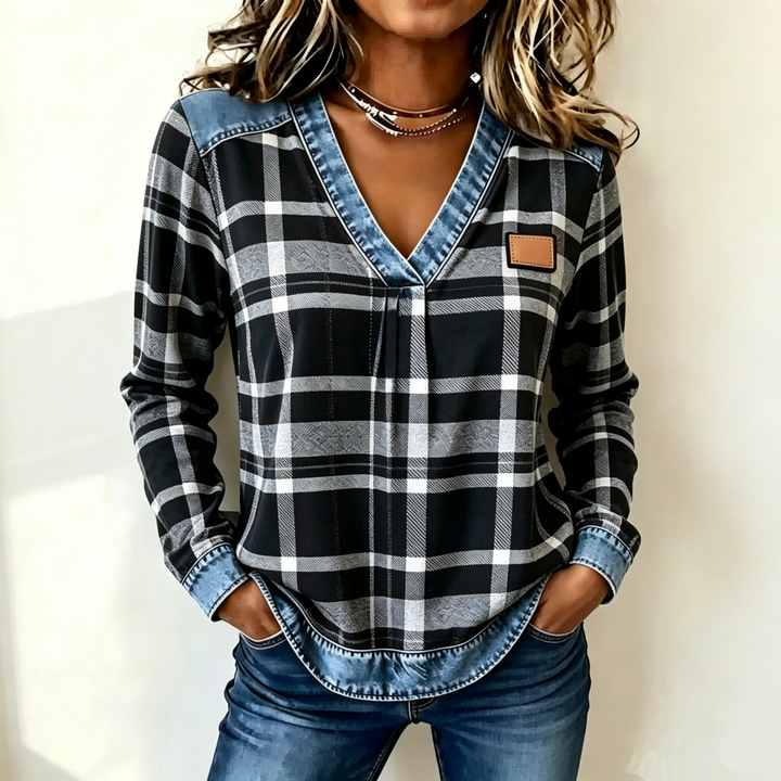 Denim Trim Plaid Print V Neck Top