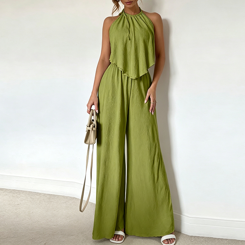 Halter Tie Back Textured Top And Wide Leg Pants Set