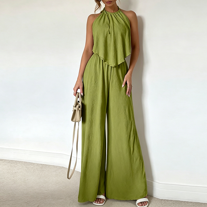 Halter Tie Back Textured Top And Wide Leg Pants Set