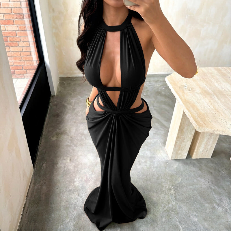 Halter Cutout Ruched Mermaid Maxi Dress