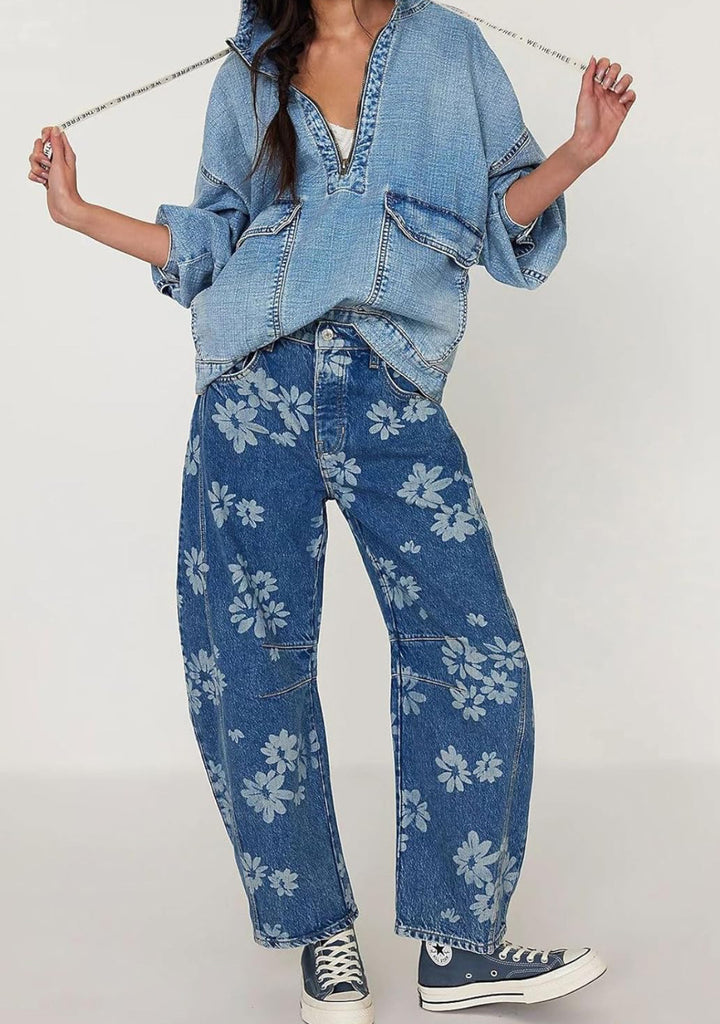 Women Y2k Distressed Barrel Jeans Baggy Wide Leg Jeans Floral Printed Boyfriend Patchwork Denim Pants