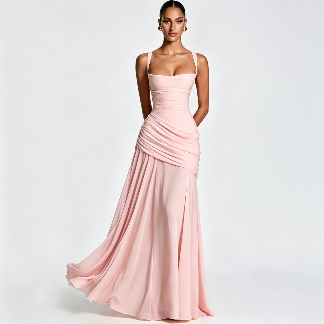Minimalist Square Neck Ruched Waist Floor Gown