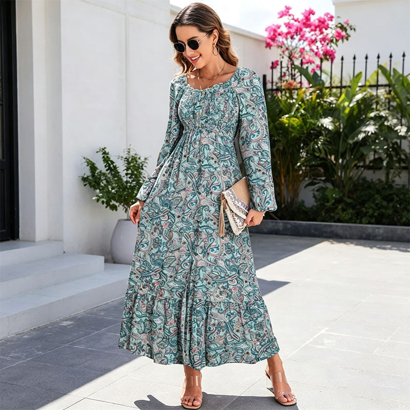 Floral Square Neck Long Sleeve Dress