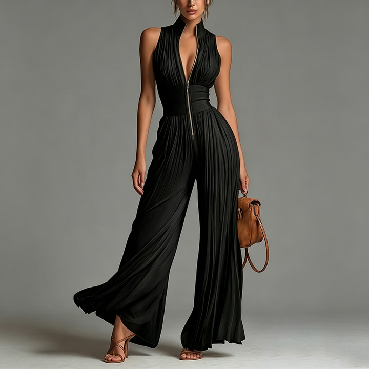 Sexy Zip Front Chiffon Pleated Wide Leg Jumpsuit