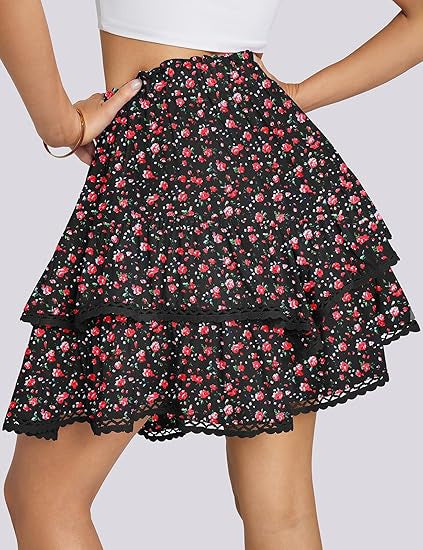 Floral Tiered Ruffle Mini Skirt with Lace Trim