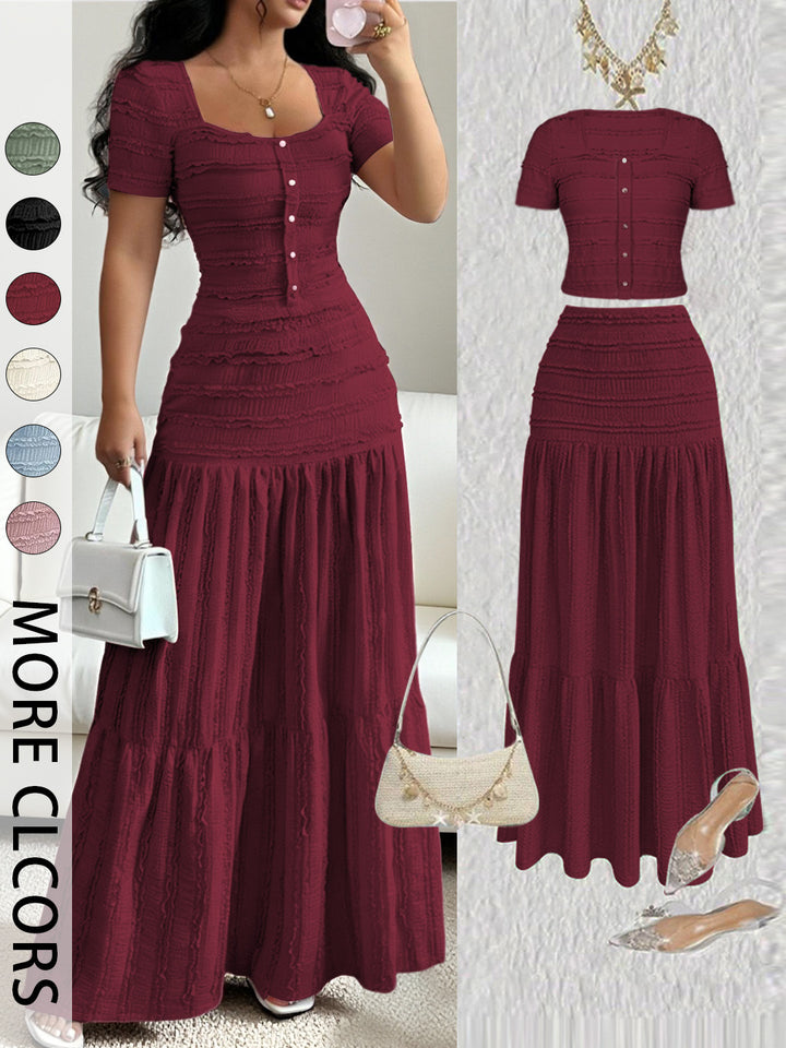 Square Neck Ruffled Textured Crop Top &amp;amp; Tiered Maxi Skirt Two-Piece Set