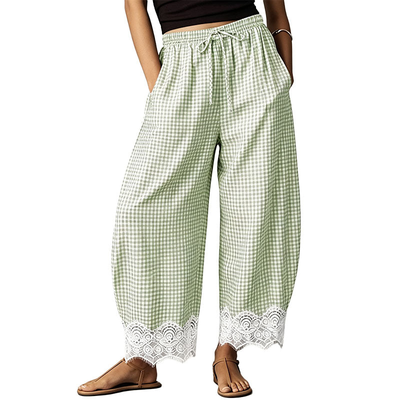 Lace-Trimmed Plaid Straight-Leg Wide-Leg Trousers