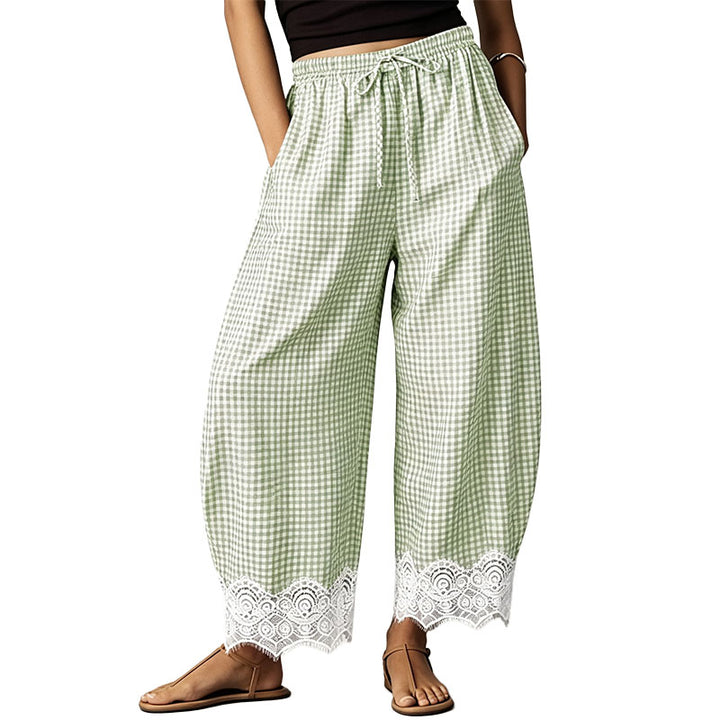 Lace-Trimmed Plaid Straight-Leg Wide-Leg Trousers