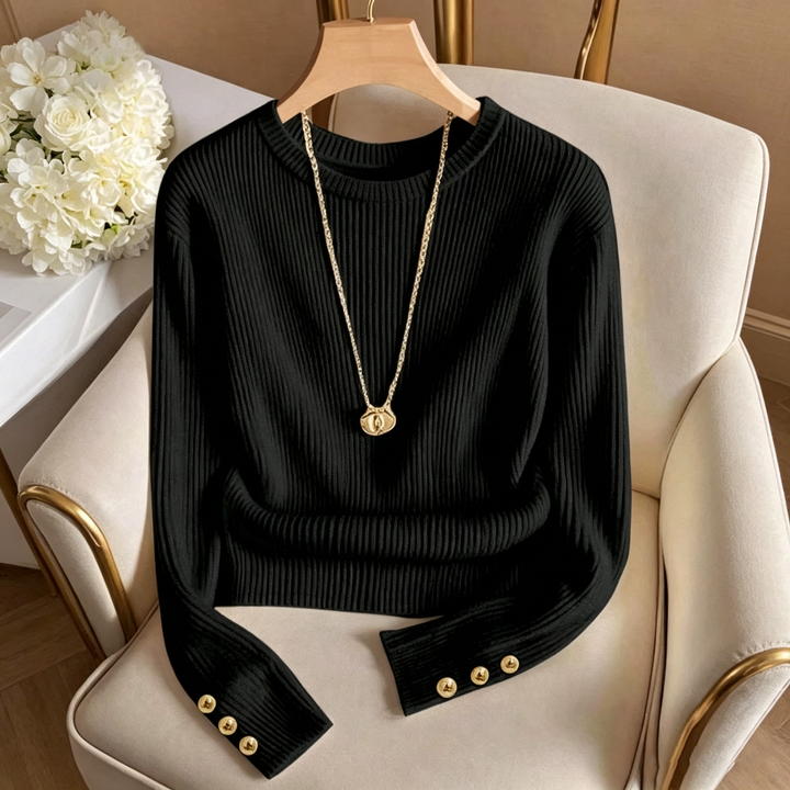 Crew Neck Long Sleeve Button Knit Sweater
