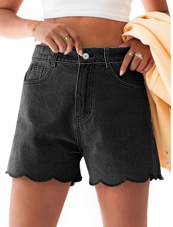 High Waist Scalloped Hem Denim Shorts