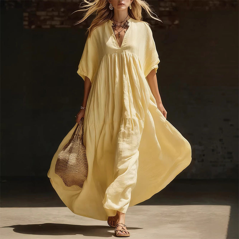 Solid color loose-fitting beach vacation long V-neck dress