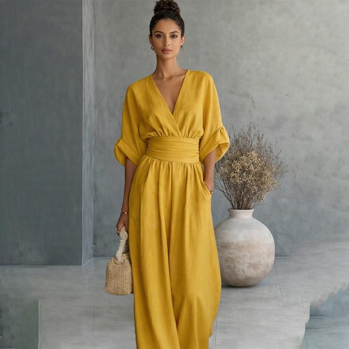 V-neck waist-cinching jumpsuit
