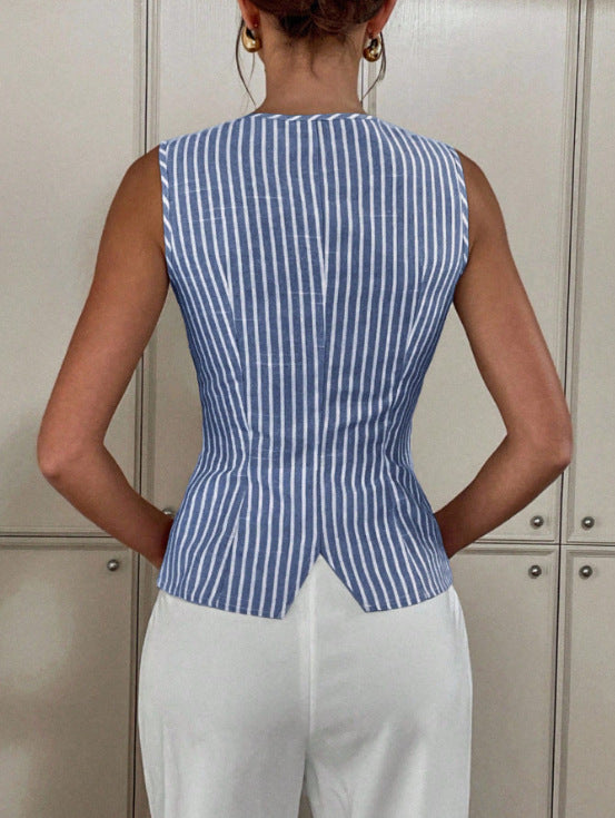Striped Sleeveless Button-Front Waistcoat with Gold-Tone Hardware