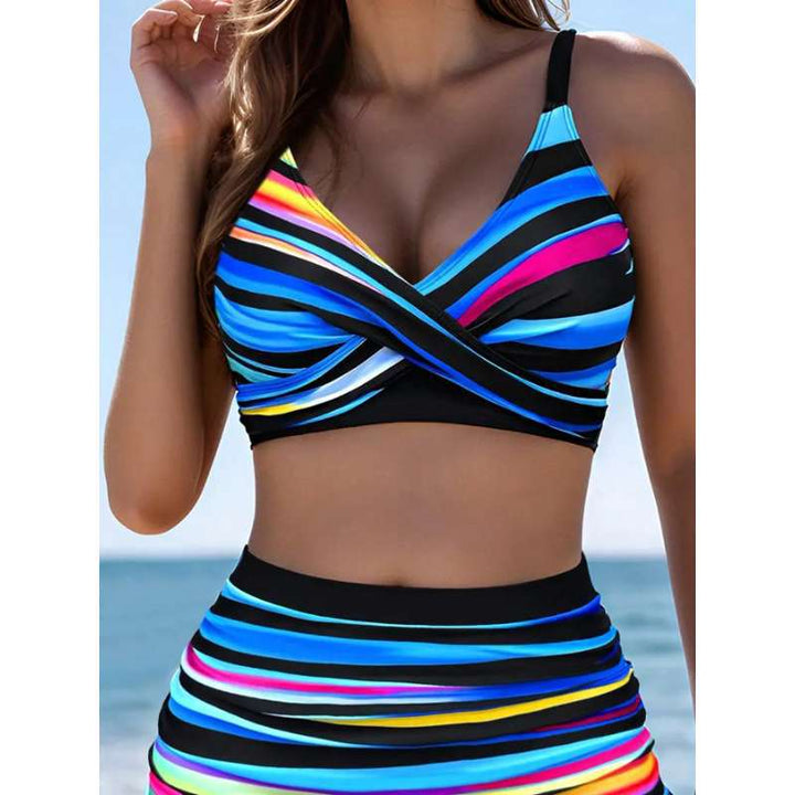 Colorful Striped 3-Piece Swim Skirt Set