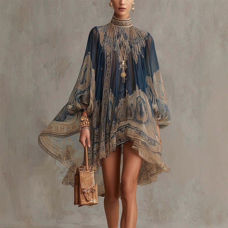 High-neck printed loose chiffon dress