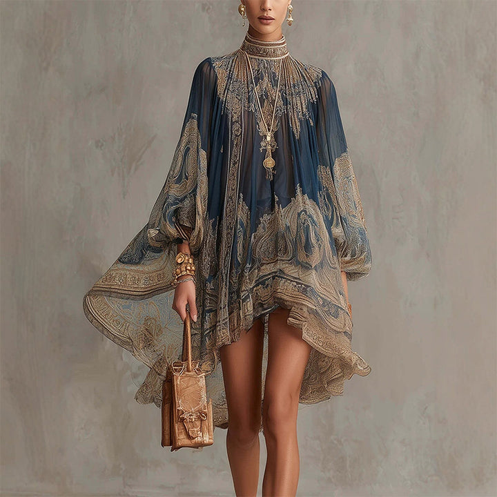High-neck printed loose chiffon dress