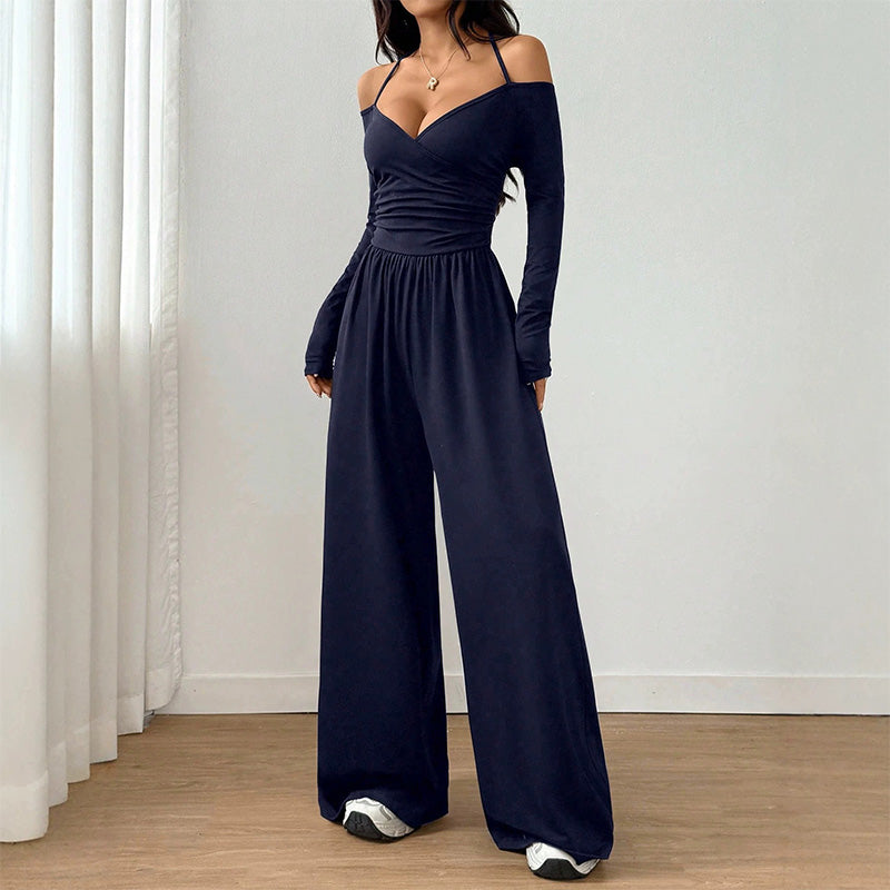 V-neck off-shoulder wide-leg jumpsuit