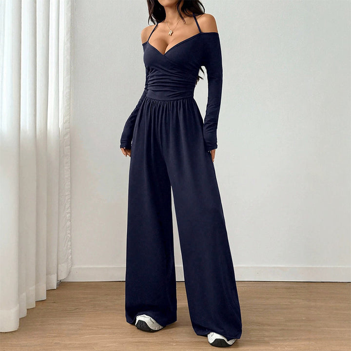 V-neck off-shoulder wide-leg jumpsuit