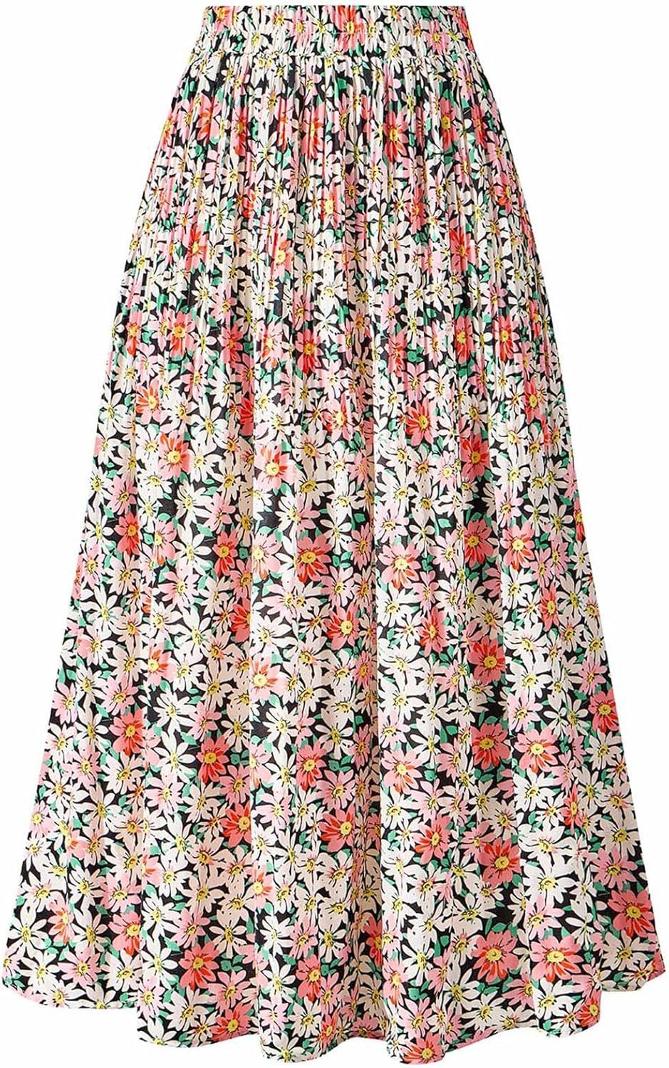 Boho Floral Tiered Midi Skirt, Elastic Waist Pleated A-Line Skirt