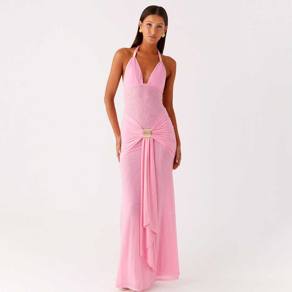 Mint Green Halter Neck Mesh Maxi Dress