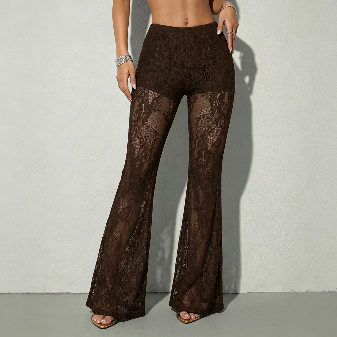 Sheer Mesh Lace Flare Pants For Women