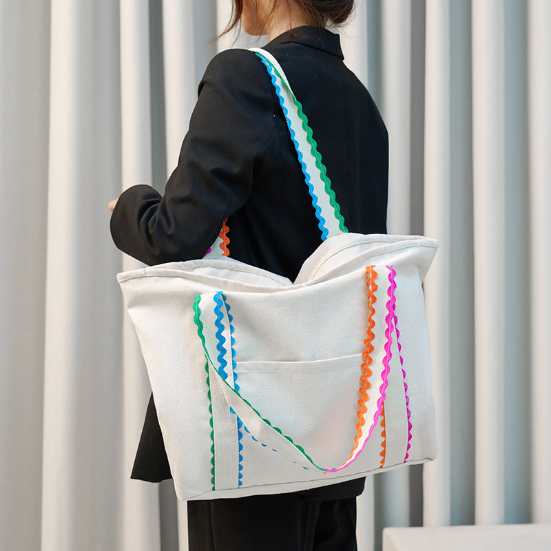Colored Scalloped Cotton Tote Bag with Pouch, Canvas Mother &amp; Daughter Bags