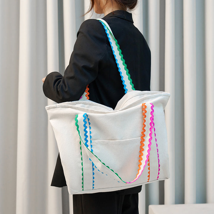 Colored Scalloped Cotton Tote Bag with Pouch, Canvas Mother &amp; Daughter Bags