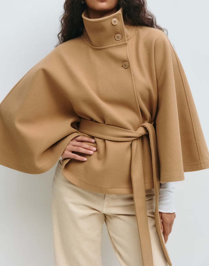 High-Neck Asymmetrical Button Cape Coat with Belt