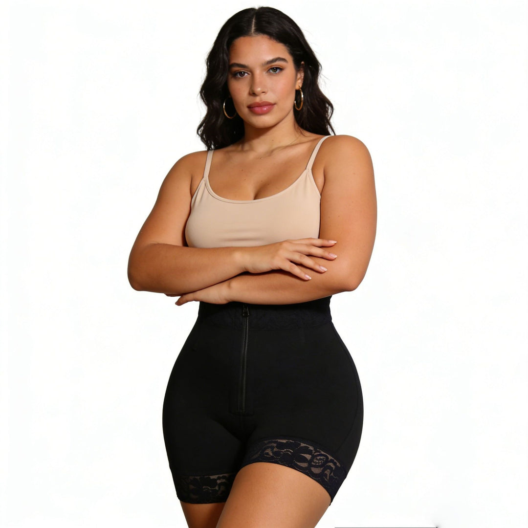 High-Waisted Lace Trim Shapewear Shorts, Zipper Tummy Control Body Shaper