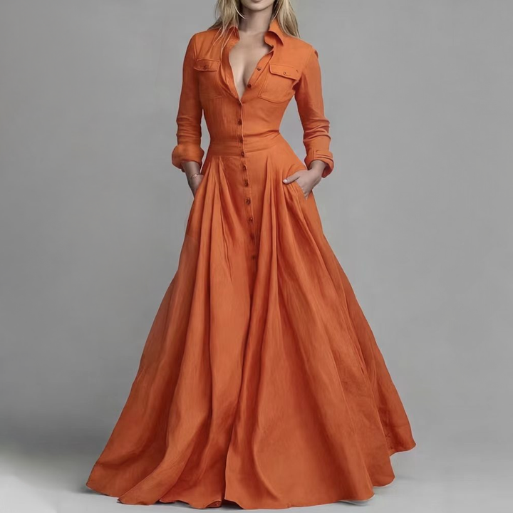Waist Defined Button Front Maxi Shirt Gown