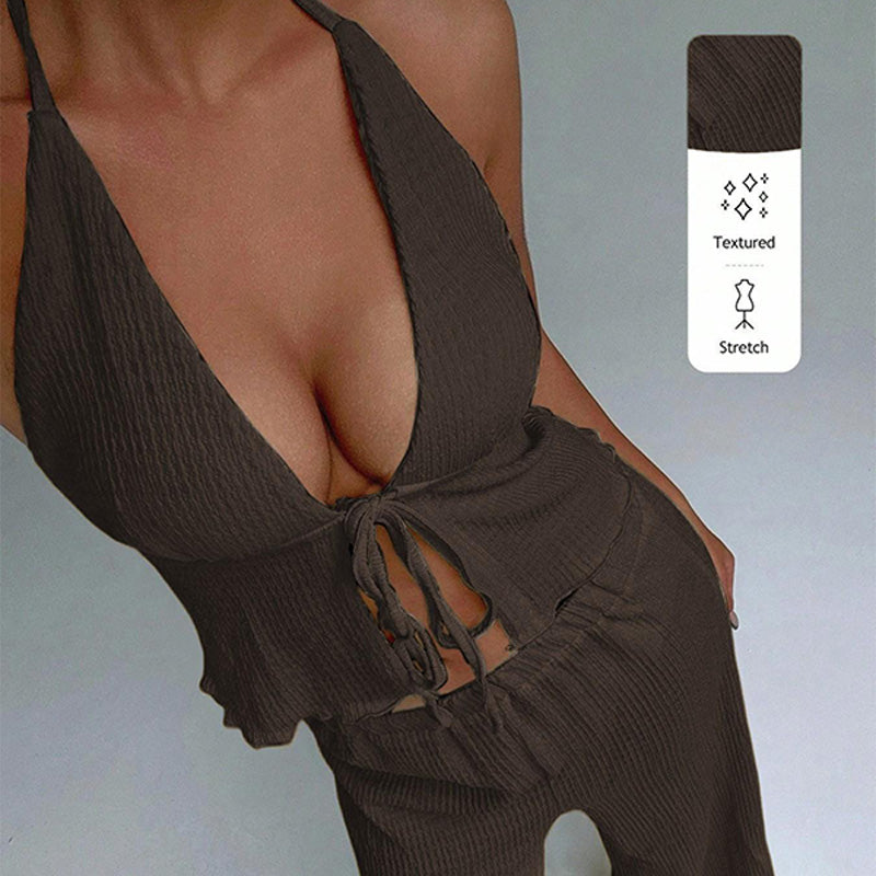 Halter-neck textured top and trousers set