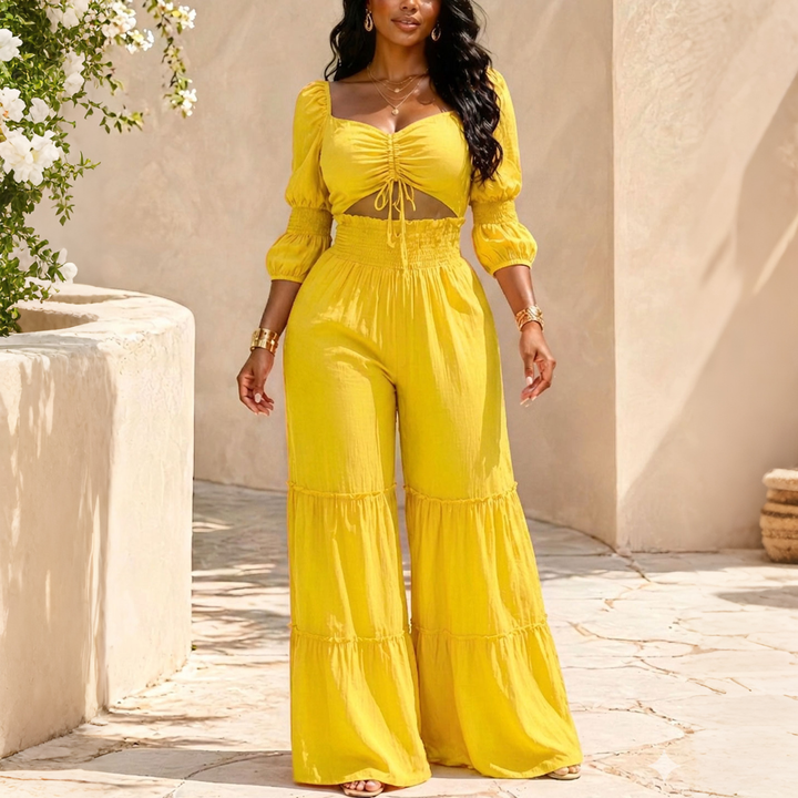 Boho Puff‑Sleeve Wide Leg Co‑Ord Set
